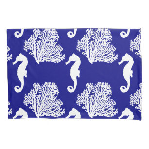 Navy And White Seahorse Coastal Pattern Pillow Case