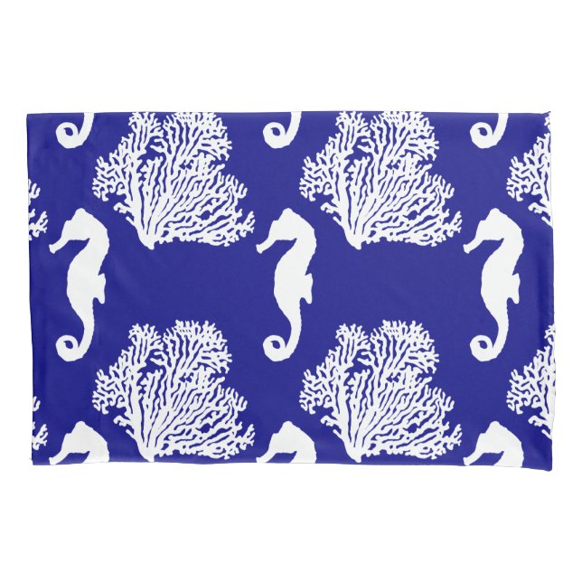 Navy And White Seahorse Coastal Pattern Pillow Case (Front)