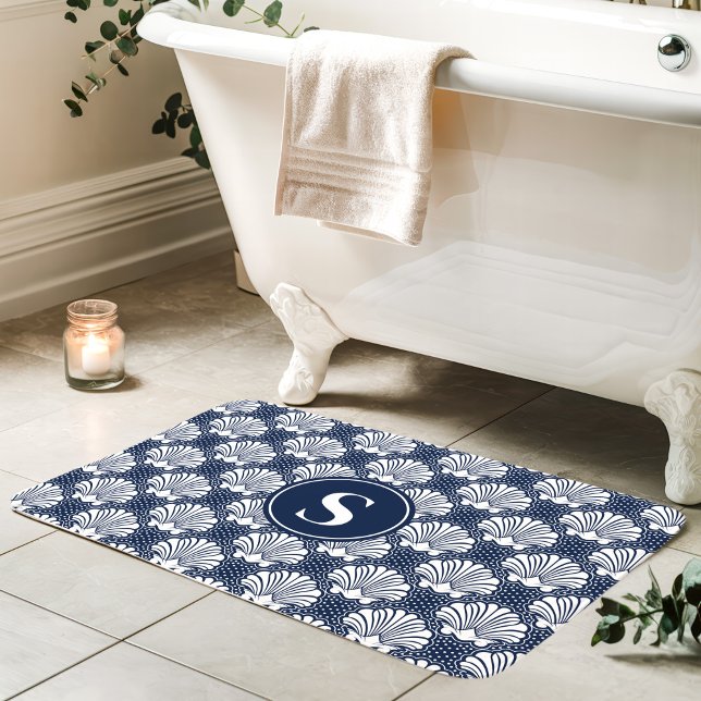 Navy and White Seashell Coastal Monogram Bath Mat (Creator Uploaded)