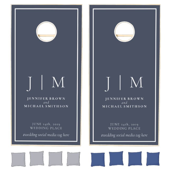 Navy and White Simple Formal Wedding Couple Cornhole Set
