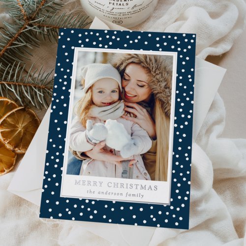 Navy and White Snowballs 2 Photo Foil Holiday Card