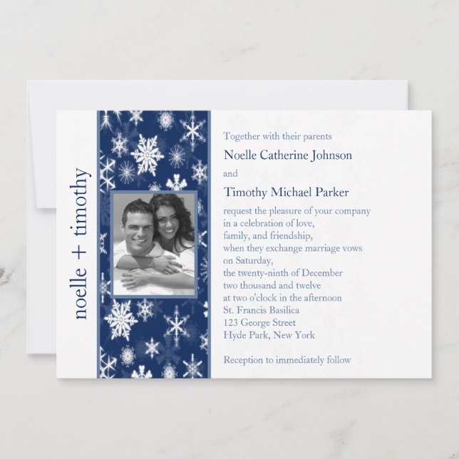 Navy and White Snowflakes Photo Wedding Invitation (Front)