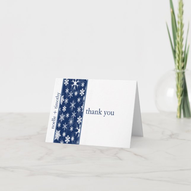 Navy and White Snowflakes Thank You Note Card (Front)