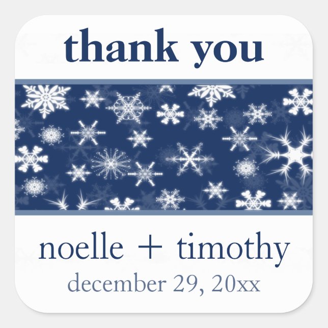 Navy and White Snowflakes Wedding Favor Sticker (Front)