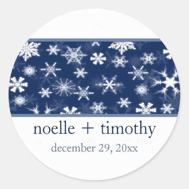 Navy and White Snowflakes Wedding Sticker (Front)