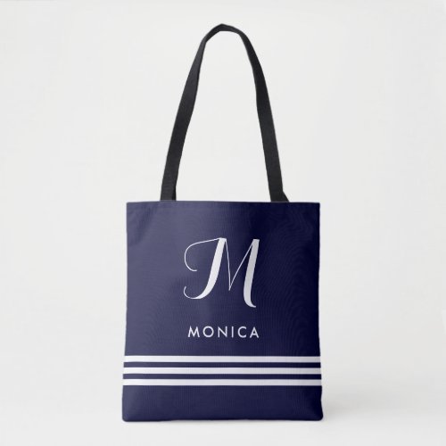 Navy and White Sophisticated Stripes and Monogram Tote Bag