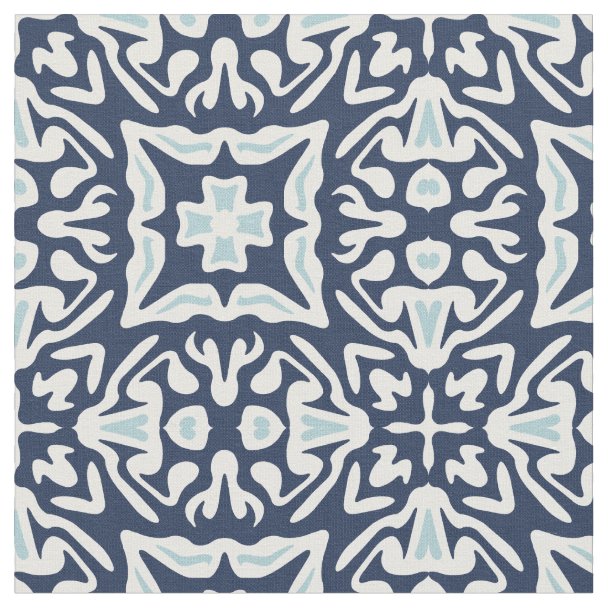 Blue and White Watercolor Spanish Tile Pattern Fabric | Zazzle
