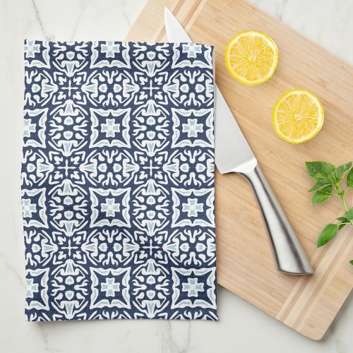 Navy and White Spanish Tile Pattern Kitchen Towel