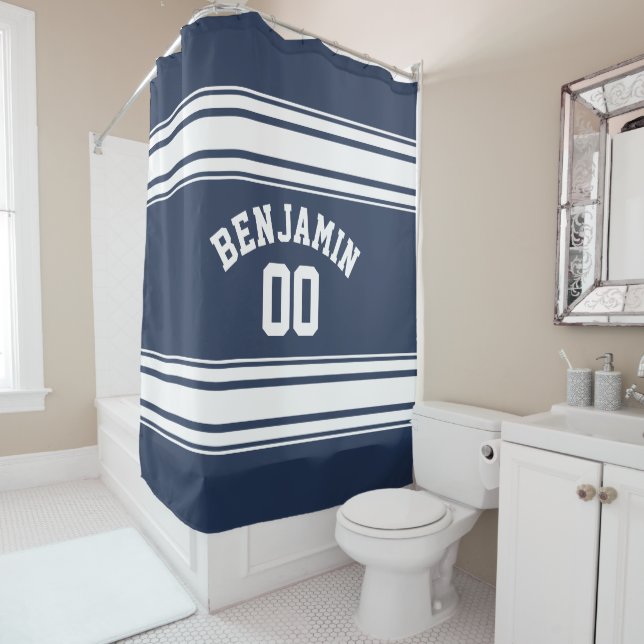 Navy and White Sports Jersey Custom Name Number Shower Curtain (In Situ)