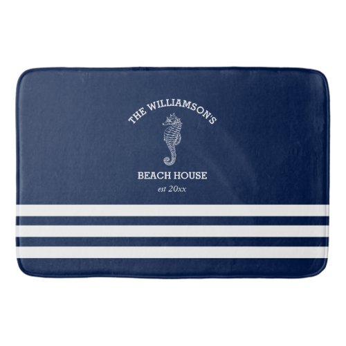 Navy and White Stripe Beach House  Seahorse Bath Mat