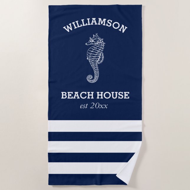 Navy and White Stripe Beach House | Seahorse Beach Towel (Front)