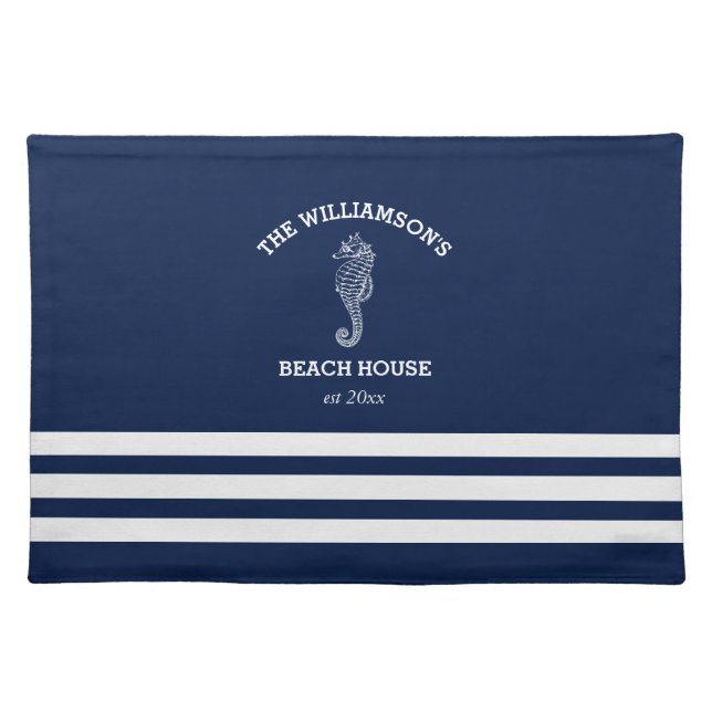 Navy and White Stripe Beach House | Seahorse Cloth Placemat (Front)