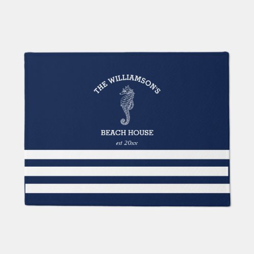 Navy and White Stripe Beach House  Seahorse Doormat