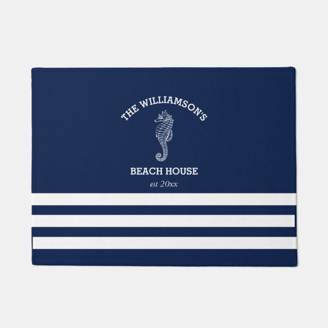 Navy and White Stripe Beach House | Seahorse Doormat (Front)