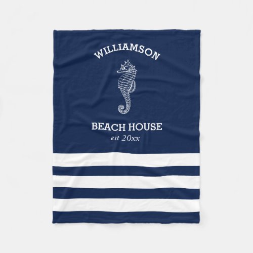 Navy and White Stripe Beach House  Seahorse Fleece Blanket