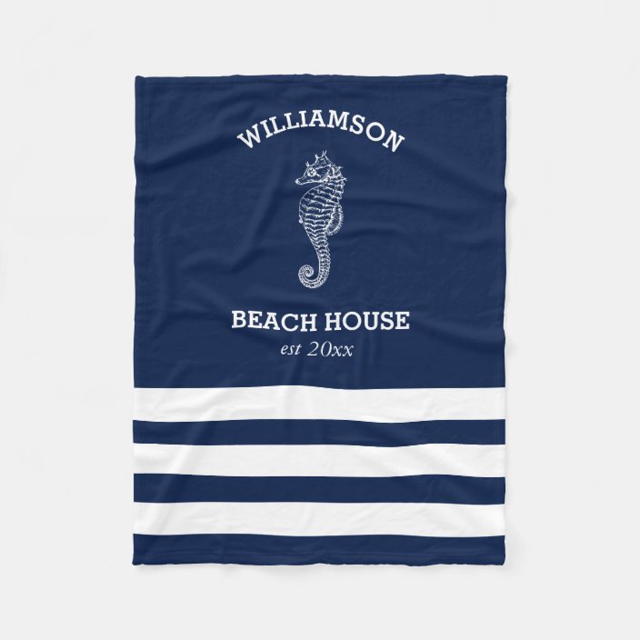 Navy and White Stripe Beach House | Seahorse Fleece Blanket | Zazzle.com