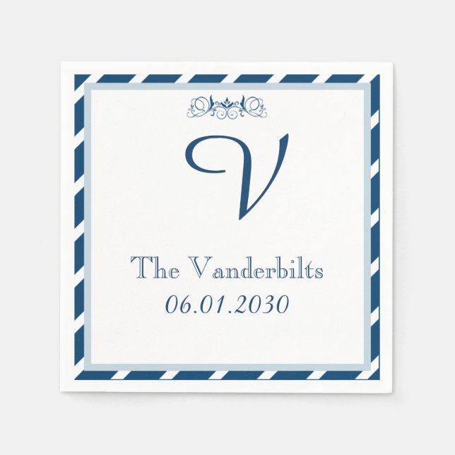 Navy and White Stripe Monogram Wedding Napkin (Front)