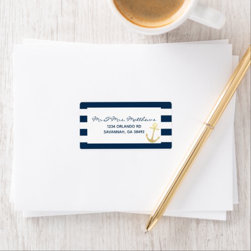Navy and White Stripe Nautical Gold Anchor Address Label