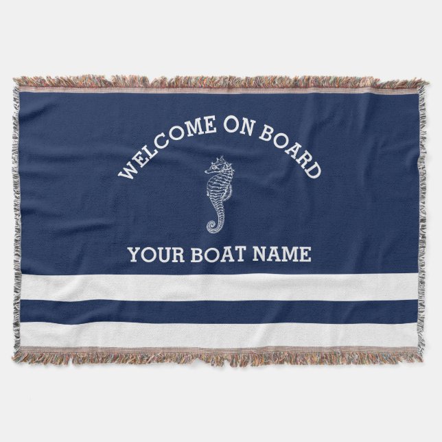 Navy and White Stripe Personalized | Boat Name Throw Blanket (Front)