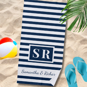 Navy And White Striped Monogram Wedding Couple Beach Towel