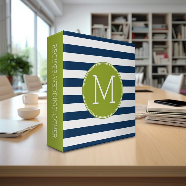 Navy and White Striped Pattern Green Monogram Binder (Personalized 3-ring binder - Add Your Name and Other Text)