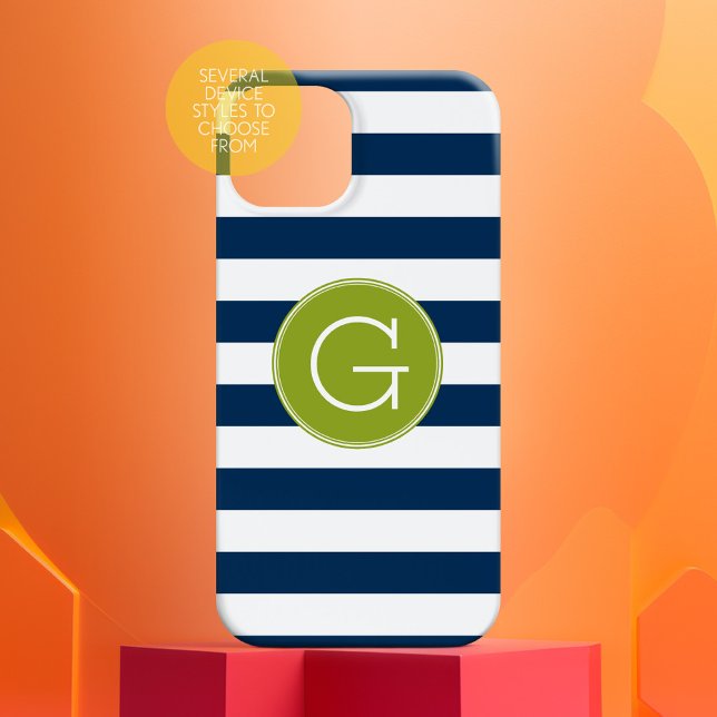 Navy and White Striped Pattern Green Monogram Case-Mate iPhone Case (Personalized Phone Case - Many Device Styles to Choose From)