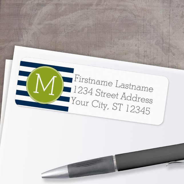 Navy and White Striped Pattern Green Monogram Label (Personalized Return Address Label)