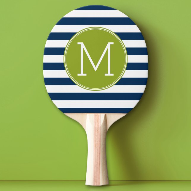 Navy and White Striped Pattern Green Monogram Ping-Pong Paddle (Custom Monogram Ping Pong Paddle)