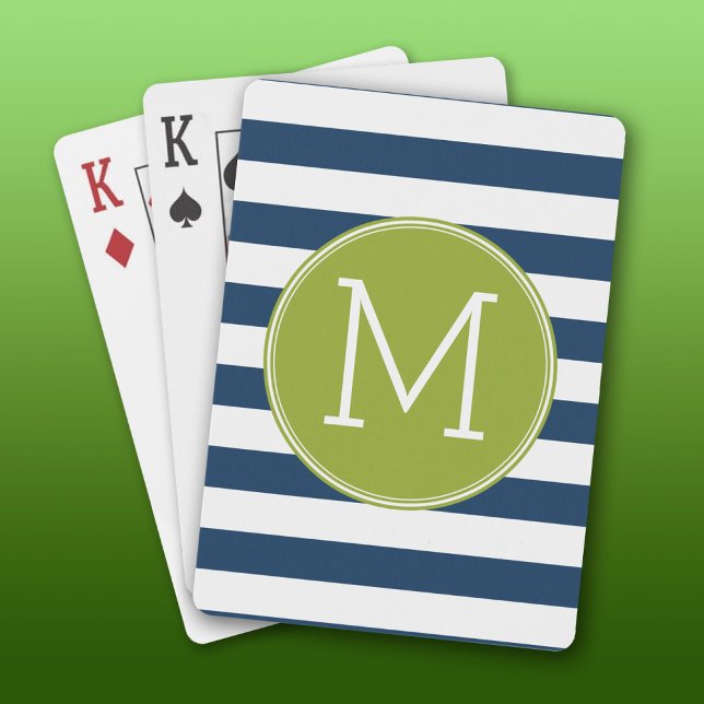 Navy and White Striped Pattern Green Monogram Poker Cards (Custom Playing Cards)
