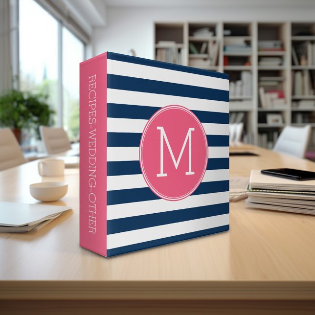 Navy and White Striped Pattern Hot Pink Monogram Binder (Personalized 3-ring binder - Add Your Name and Other Text)