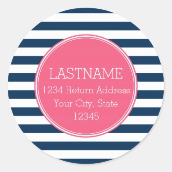 Navy And White Striped Pattern Hot Pink Monogram Classic Round Sticker by icases at Zazzle