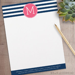 Navy and White Striped Pattern Hot Pink Monogram Letterhead
