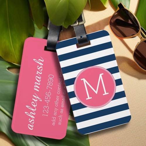 Navy and White Striped Pattern Hot Pink Monogram Luggage Tag