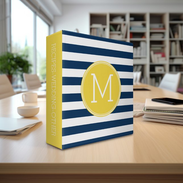 Navy and White Striped Pattern Yellow Monogram 3 Ring Binder (Personalized 3-ring binder - Add Your Name and Other Text)