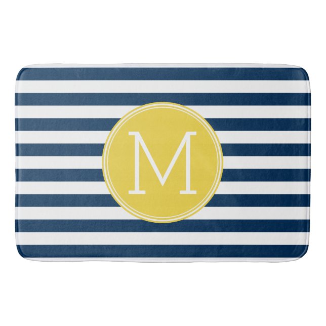 Navy and White Striped Pattern Yellow Monogram Bathroom Mat (Front)
