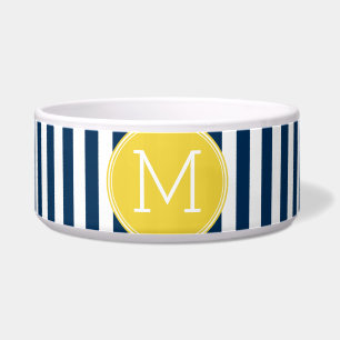 Navy and White Striped Pattern Yellow Monogram Bowl