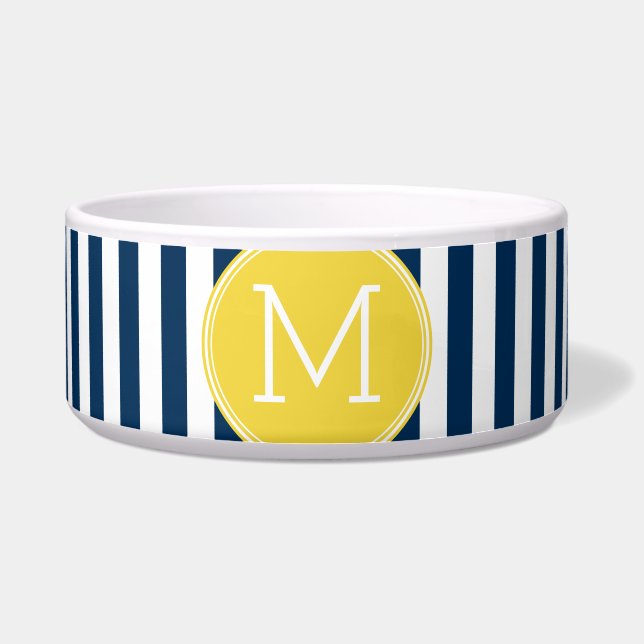 Navy and White Striped Pattern Yellow Monogram Bowl (Front)