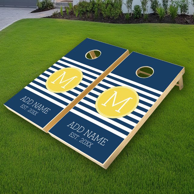 Navy and White Striped Pattern Yellow Monogram Cornhole Set (Custom Monogram Cornhole)
