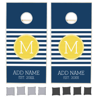 Navy and White Striped Pattern Yellow Monogram Cornhole Set