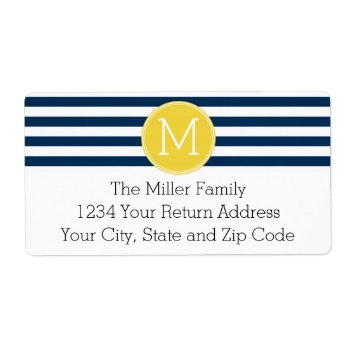 Navy And White Striped Pattern Yellow Monogram Label by icases at Zazzle