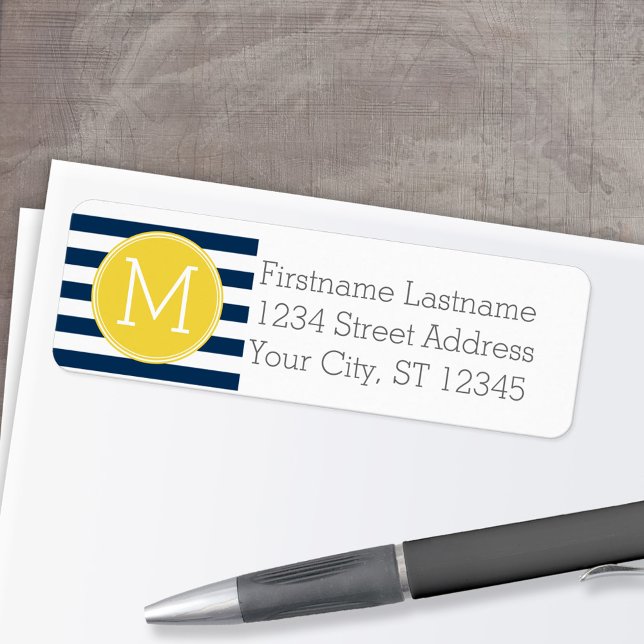 Navy and White Striped Pattern Yellow Monogram Label (Personalized Return Address Label)