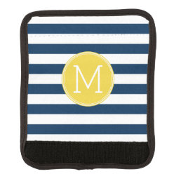 Navy and White Striped Pattern Yellow Monogram Luggage Handle Wrap