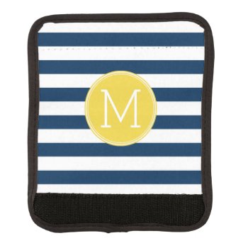 Navy And White Striped Pattern Yellow Monogram Luggage Handle Wrap by icases at Zazzle