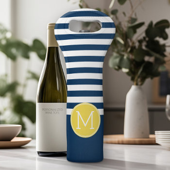 Navy And White Striped Pattern Yellow Monogram Wine Bag by icases at Zazzle