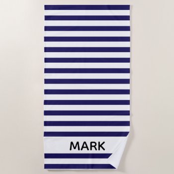 Navy And White Striped Personalized Beach Towel by InTrendPatterns at Zazzle