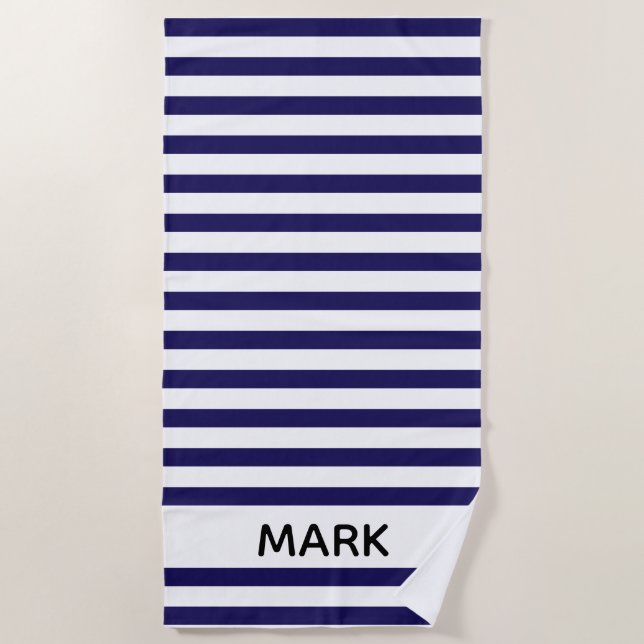 Navy And White Striped Personalized Beach Towel (Front)