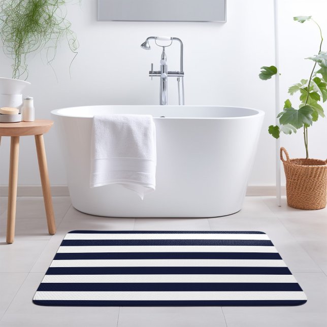 Navy and White Stripes | Editable Colors Bath Mat (Creator Uploaded)