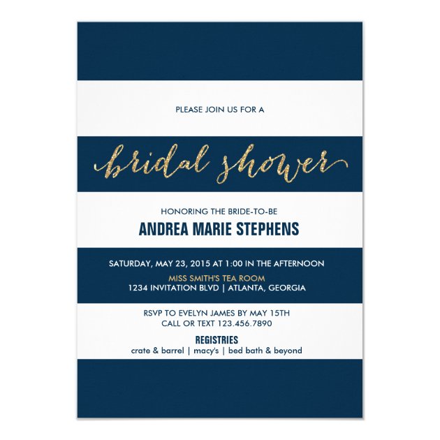 Navy And White Stripes Gold Glitter Bridal Shower Invitation