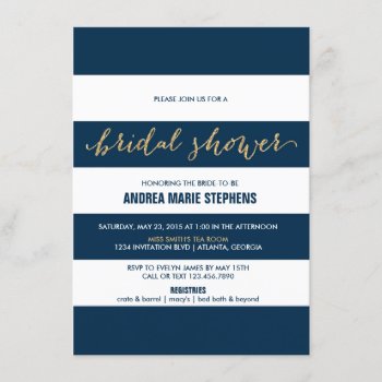 Navy And White Stripes Gold Glitter Bridal Shower Invitation by InvitationBlvd at Zazzle