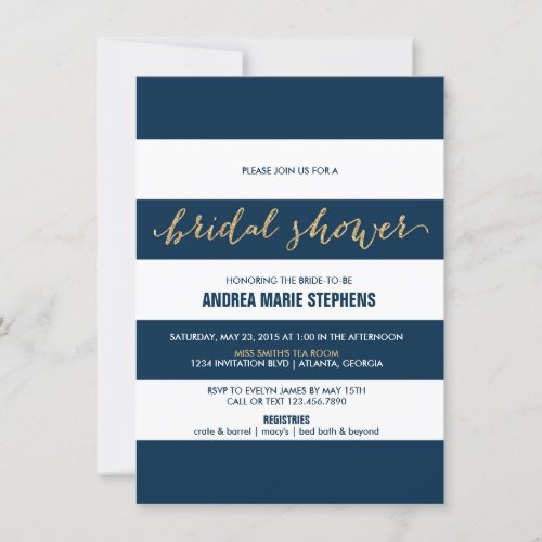 Navy and White Stripes Gold Glitter Bridal Shower Invitation
